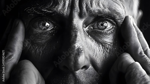 A close-up of a man s face being held gently by another pair of hands, his tear-filled eyes looking into the distance, the contrast of comfort and despair palpable