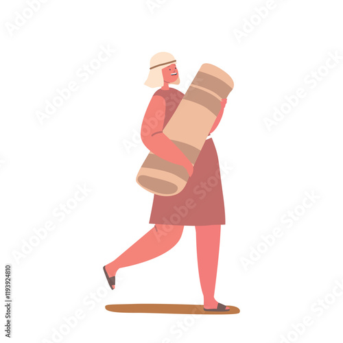 Ancient Israelite Child Carrying Belongings Isolated on White Background. Boy Wearing Simple Garments And Sandals