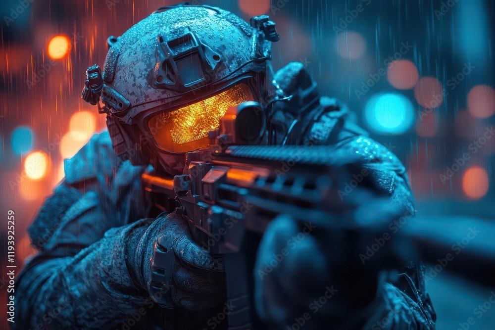 cybernetic special forces operator with augmented reality tactical display carbon fiber armor illuminated by holographic targeting system moody atmospheric lighting cybernetic special forces operator with augmented reality tactical display carbon fiber armor illuminated by holographic targeting system moody atmospheric lighting