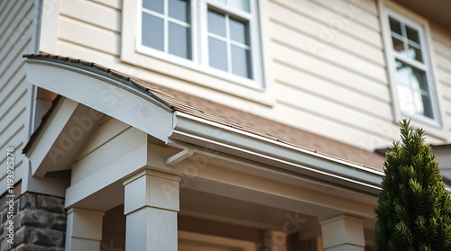 Elegant Home Exterior: Architectural Details and Design. High-quality image showcasing the beauty of residential architecture, focusing on the house's exterior, roof, and gutters. photo