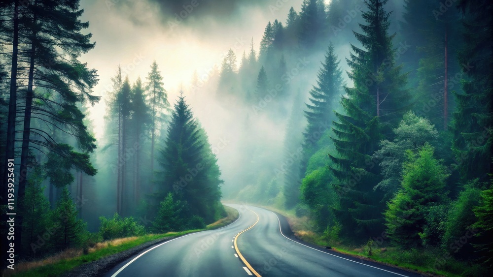 Fototapeta premium Misty Forest Road Winding Through Lush Evergreen Trees