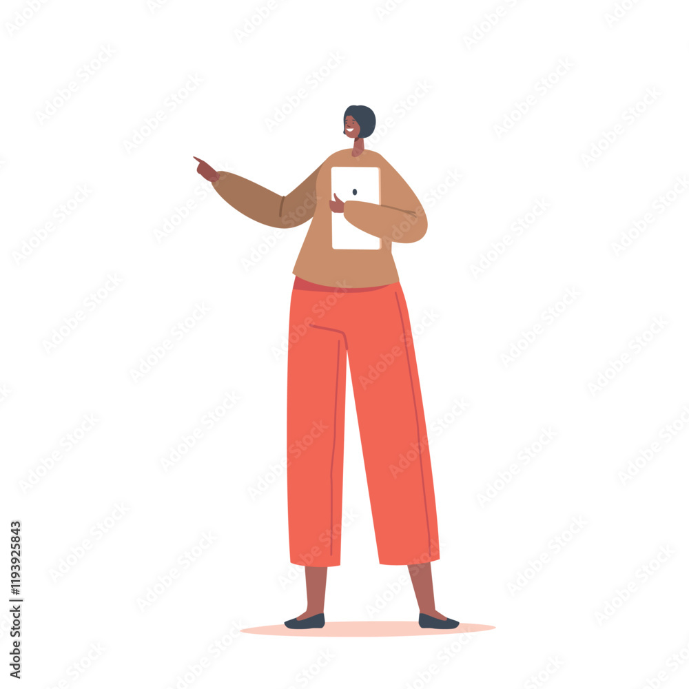 Smiling Woman Using Tablet And Making Pointing Gesture. Female Character Demonstrating Product Or Pointing Smiling Woman Using Tablet And Making Pointing Gesture. Female Character Demonstrating Product Or Pointing