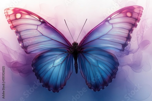 delicate watercolor butterfly with iridescent wings in shades of turquoise and purple flowing organic lines soft gradient background ethereal artistic style