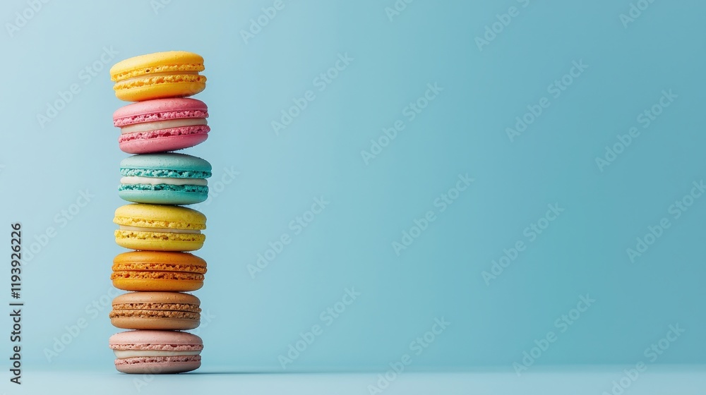 A stack of colorful macarons on a plain white surface, creating a pop of color A stack of colorful macarons on a plain white surface, creating a pop of color