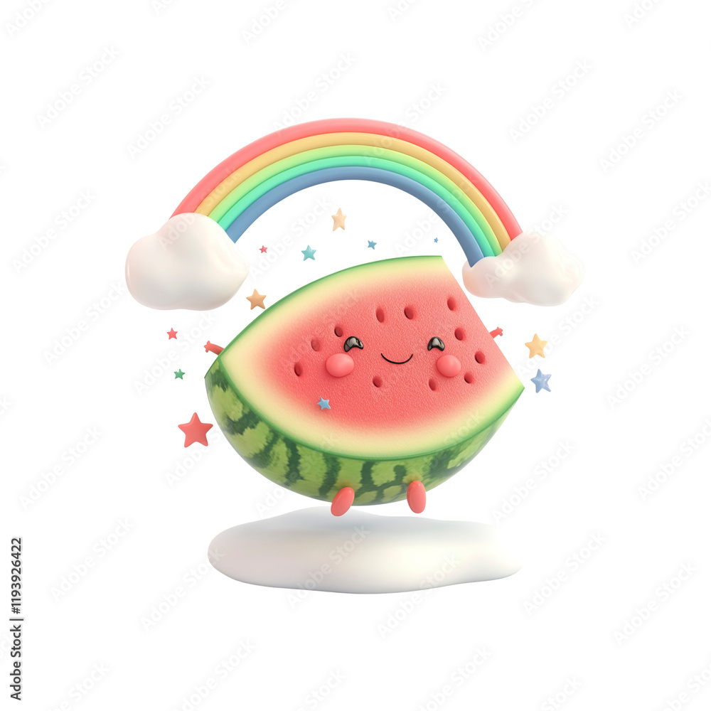 Happy Watermelon Slice with Rainbow and Clouds - Cute 3D Render Happy Watermelon Slice with Rainbow and Clouds - Cute 3D Render