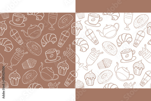 Set of two pastry and coffee seamless patterns in doodle engraved sketch style. Baked goods: donuts, muffins, croissants, latte, cappuccino, americano, mocha. Coffee color and white background