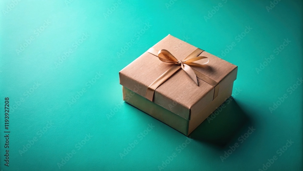 Obraz premium A simple brown gift box tied with a golden ribbon sits on a teal background