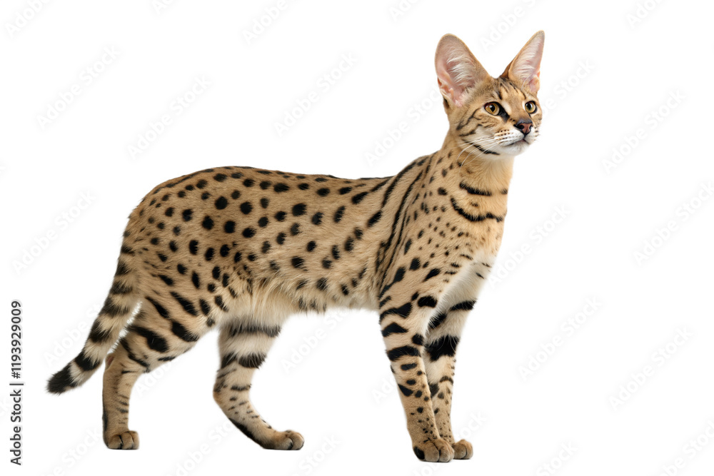 Side view of standing savannah cat, Isolated on white background. Hybrid cat crossing between a serval and a domestic cat. Adult savannah cat. Studio shot Side view of standing savannah cat, Isolated on white background. Hybrid cat crossing between a serval and a domestic cat. Adult savannah cat. Studio shot