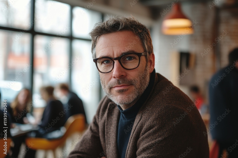 Wide angle portrait of a middle aged business person in coworking space Wide angle portrait of a middle aged business person in coworking space