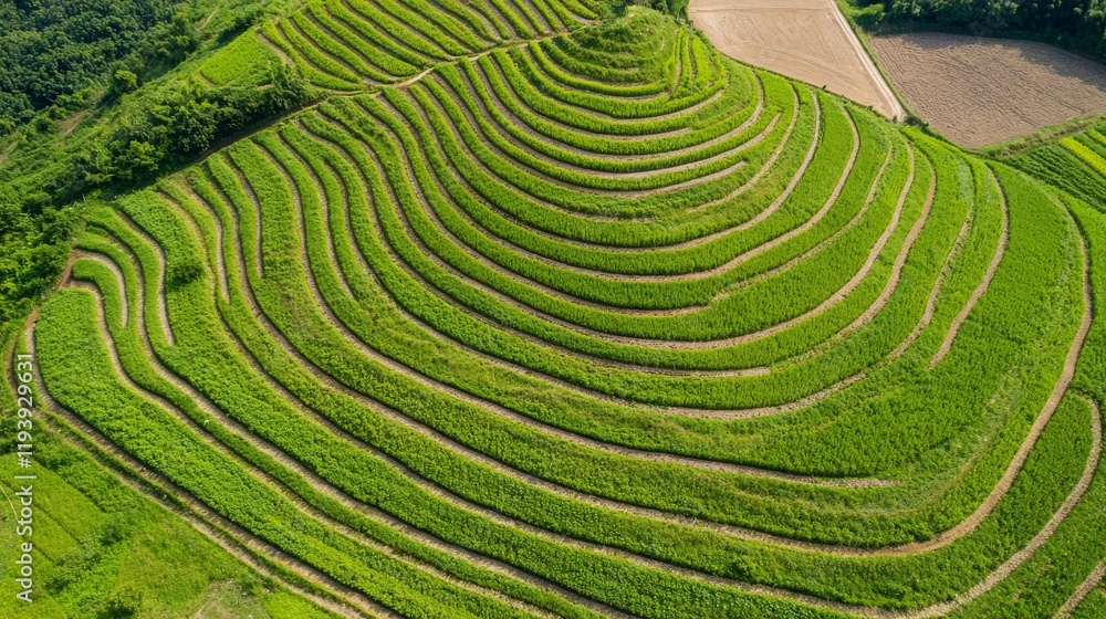 Fototapeta premium Aerial view of terraced rice fields showcasing agricultural practices.