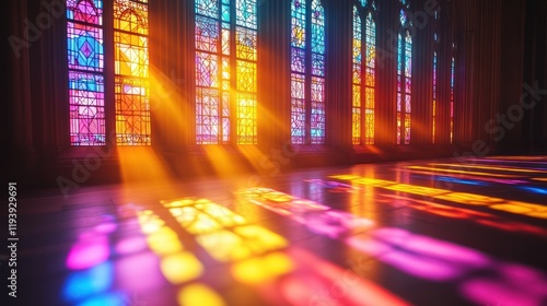 Colorful stained glass church window light beams