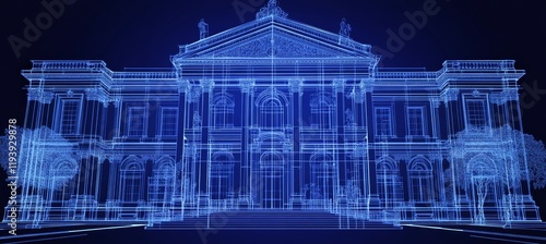 3D Wireframe Of The Museum Building. Architecture, Construction And Engineering Background.