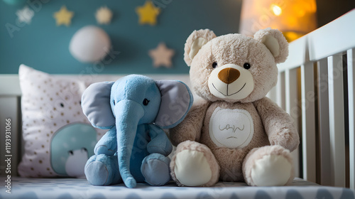 un oso y un elefante de peluche sobre una cuna de bebe con decoraciones infantiles en color azul y beige en tonos pastel diseño de interiores infantil photo