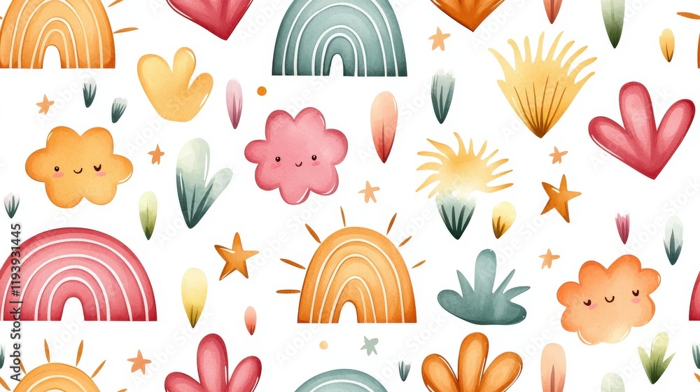 Naklejka premium Colorful Watercolor Pattern with Rainbows, Clouds, Plants, and Stars for Creative Projects and Design