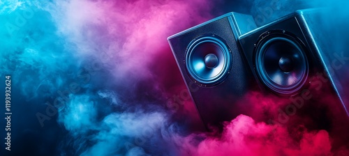 A dynamic banner with a pair of wireless speakers, with copyspace on the left and a vibrant music-themed background photo