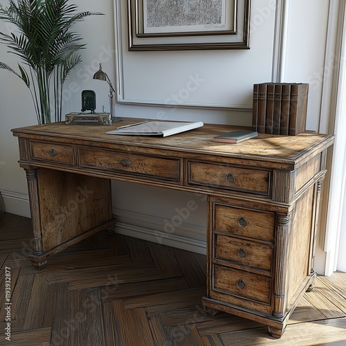 Antique Wooden Desk With Drawers And Accessories photo