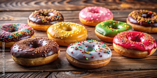 Wallpaper Mural Colorful assorted donuts on a wooden table with various toppings and glazes, pastries, decor,  pastries, decor Torontodigital.ca