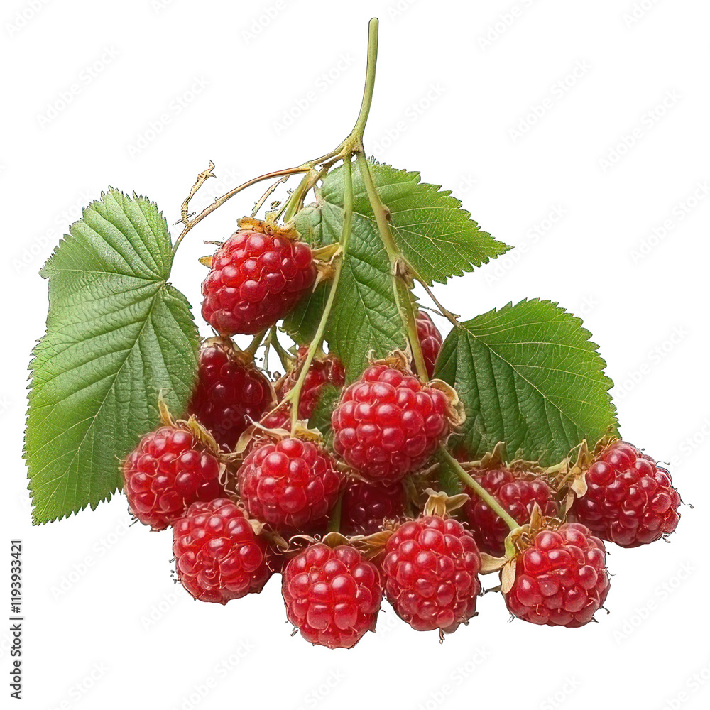 Collection of PNG. A Cluster of Ripe Red Raspberries on a Branch with Green Leaves, isolated on a transparency background. Collection of PNG. A Cluster of Ripe Red Raspberries on a Branch with Green Leaves, isolated on a transparency background.