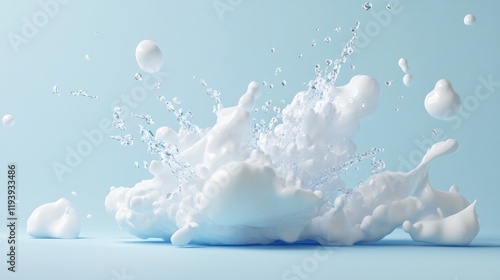 A 3D rendering of water droplets splashing energetically on a light blue background  representing freshness and dynamic energy.