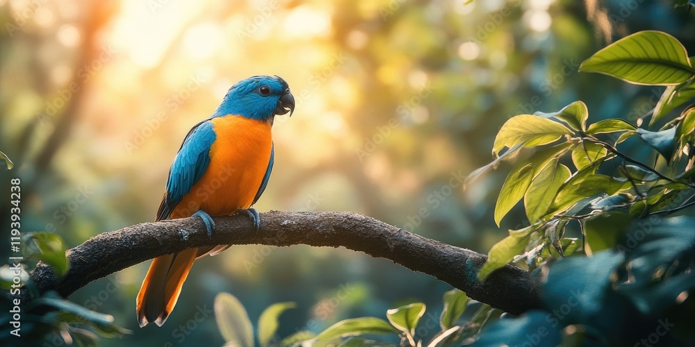 A colorful parrot is perched on a branch in a lush green forest A colorful parrot is perched on a branch in a lush green forest