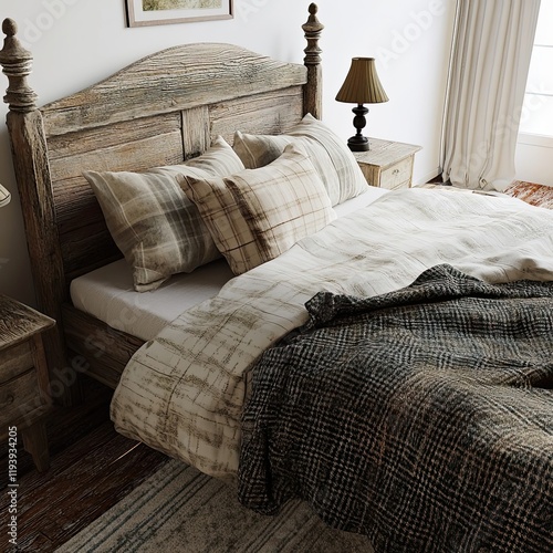 Rustic Wooden Bed with Beige Bedding and Blanket photo