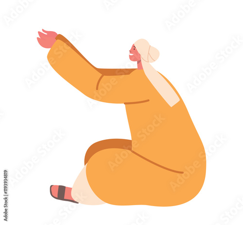 Hungry Woman Reaching out to Take Bread and Fish. Feeding Crowd with Small Amount of Food. Cartoon Vector Illustration