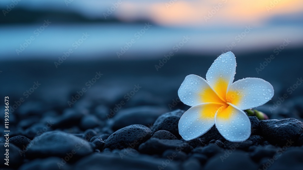 Serene Sunset: A Single Plumeria on Volcanic Rocks Serene Sunset: A Single Plumeria on Volcanic Rocks