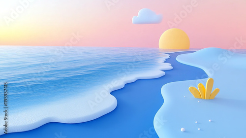 The image depicts a serene coastal scene at sunset, with a calm ocean and a large, bright orange sun setting on the horizon