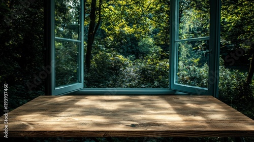Rustic Wooden Tabletop  Sunlight  Forest View  Window  Nature  Mockup