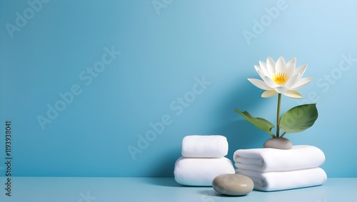 calming blue spa background with lotus flower, smooth stone, and towels for wellness advertisements