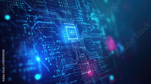 A futuristic 5G connection symbol with circuit designs on a blue gradient background  representing modern technology and wireless data transmission