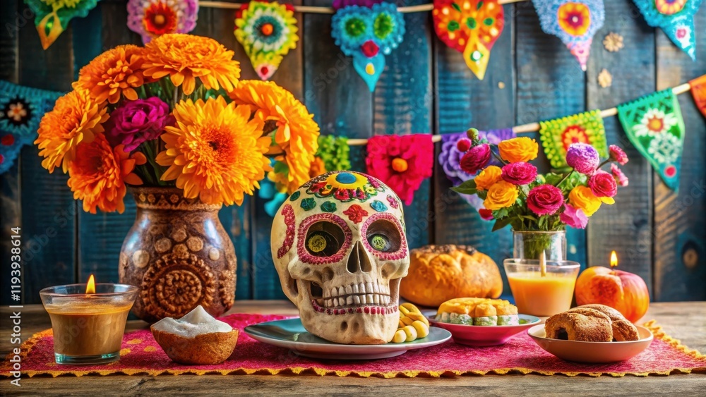 A vibrant still life featuring a decorated sugar skull, surrounded by bright flowers, festive treats, and lit candles on a rustic wooden table. A vibrant still life featuring a decorated sugar skull, surrounded by bright flowers, festive treats, and lit candles on a rustic wooden table.