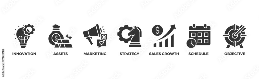 Business plan banner web icon illustration concept with icon of innovation, assets, marketing, strategy, sales growth, schedule, and objective Business plan banner web icon illustration concept with icon of innovation, assets, marketing, strategy, sales growth, schedule, and objective