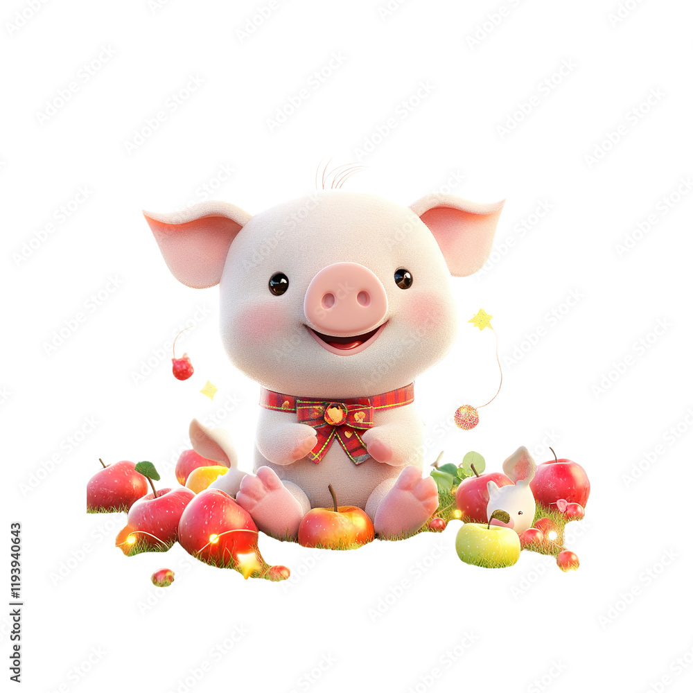 Adorable 3D Rendered Piglet Surrounded by Apples and Festive Lights Adorable 3D Rendered Piglet Surrounded by Apples and Festive Lights