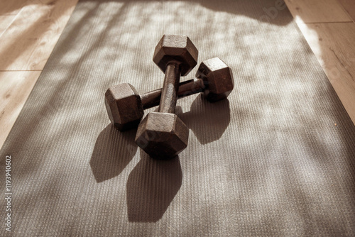 A pair of black iron dumbells backlit on a gray yoga mat with interesting shadow