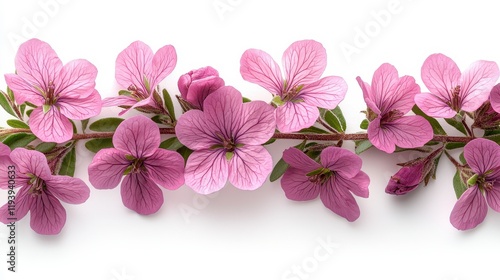 Pink flowers arranged in a row on white background.