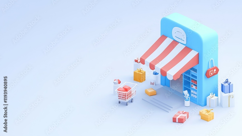 Obraz premium A colorful 3D illustration of a small shop with a shopping cart and gifts outside.