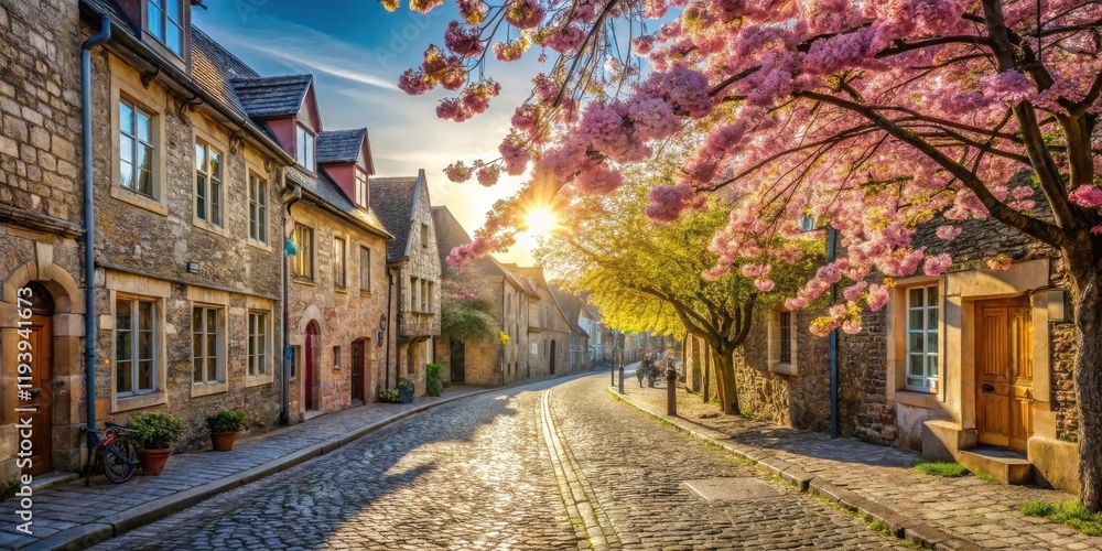 Obraz premium Cobblestone street lined with charming stone houses bathed in the warm glow of sunrise, a blossoming tree overhead adding vibrant color to the picturesque scene