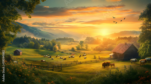 un paisaje de una granja o campo prado al atardecer o amanecer con una casa de campo y ganado y animales como vacas entre las montañas con un hermoso cielo