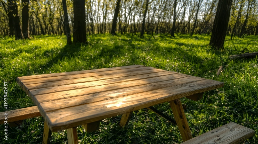 Rustic Wooden Picnic Table in Sunny Spring Forest Rustic Wooden Picnic Table in Sunny Spring Forest