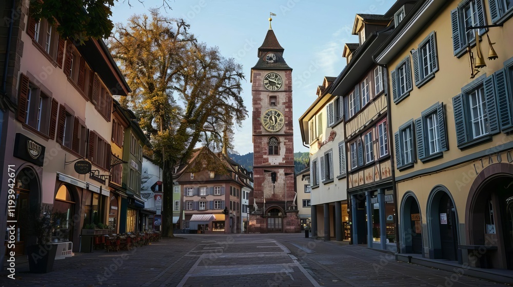 Obraz premium A picturesque town square featuring a historic clock tower surrounded by charming buildings.