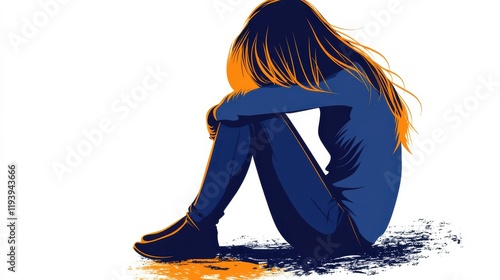 Digital illustration of a sad woman sitting alone with her head bowed, reflecting feelings of loneliness and despair in a vibrant color contrast of blue and orange.