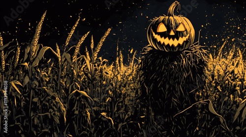 Glowing jack-o'-lantern scarecrow in a dark cornfield at night. photo