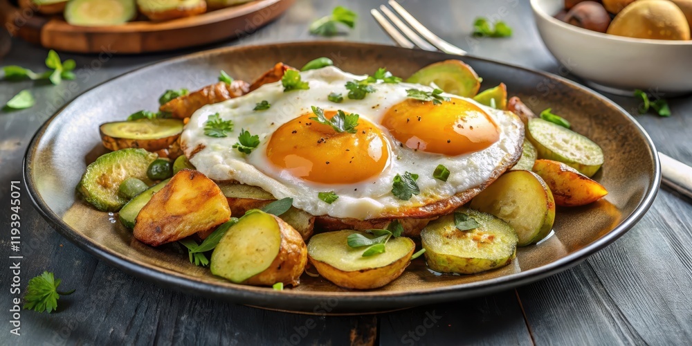 Crispy fried eggs on a bed of roasted potatoes and topped with a slice of pickled gherkin , side dish, gourmet, side dish Crispy fried eggs on a bed of roasted potatoes and topped with a slice of pickled gherkin , side dish, gourmet, side dish