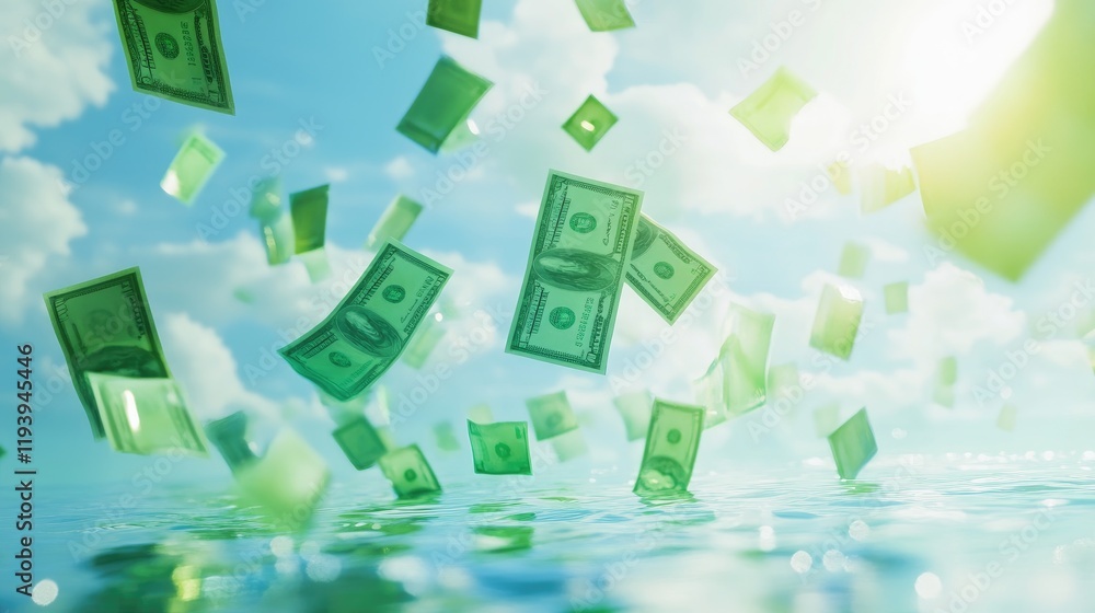 A serene scene of floating green dollar bills against a light blue background, representing a financial and savings concept with a futuristic touch A serene scene of floating green dollar bills against a light blue background, representing a financial and savings concept with a futuristic touch