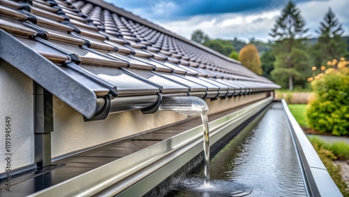 Modern home roofing system with integrated water feature showcasing seamless gutter design and water flow