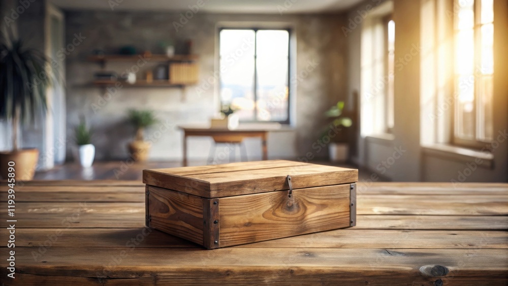 Fototapeta premium Rustic Wooden Box on a Table in a Sunlit Room with Blurred Background