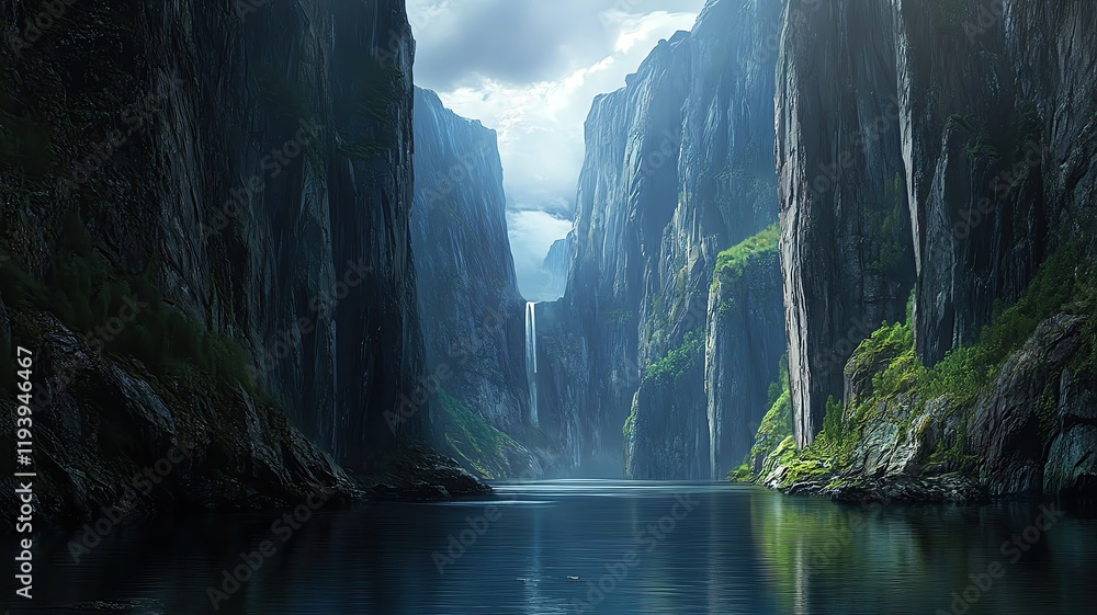 Majestic canyon with a serene waterfall view. Majestic canyon with a serene waterfall view.