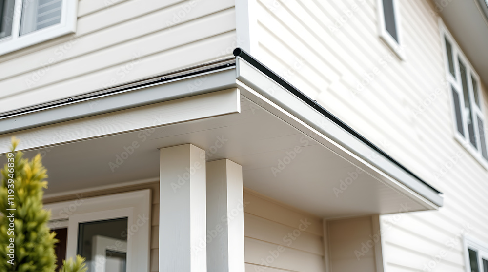 Fototapeta premium Modern House Exterior: Architectural Design and Construction. High-quality image showcasing the contemporary design elements of a residential building, including roofline, siding, and columns.