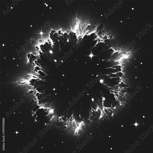Supernova explosion with dark cosmic void in deep space surrounded by glowing light shock wave and bright distant stars. Starburst nebula in stippling style. Dotwork. Pointillism. Vector illustration